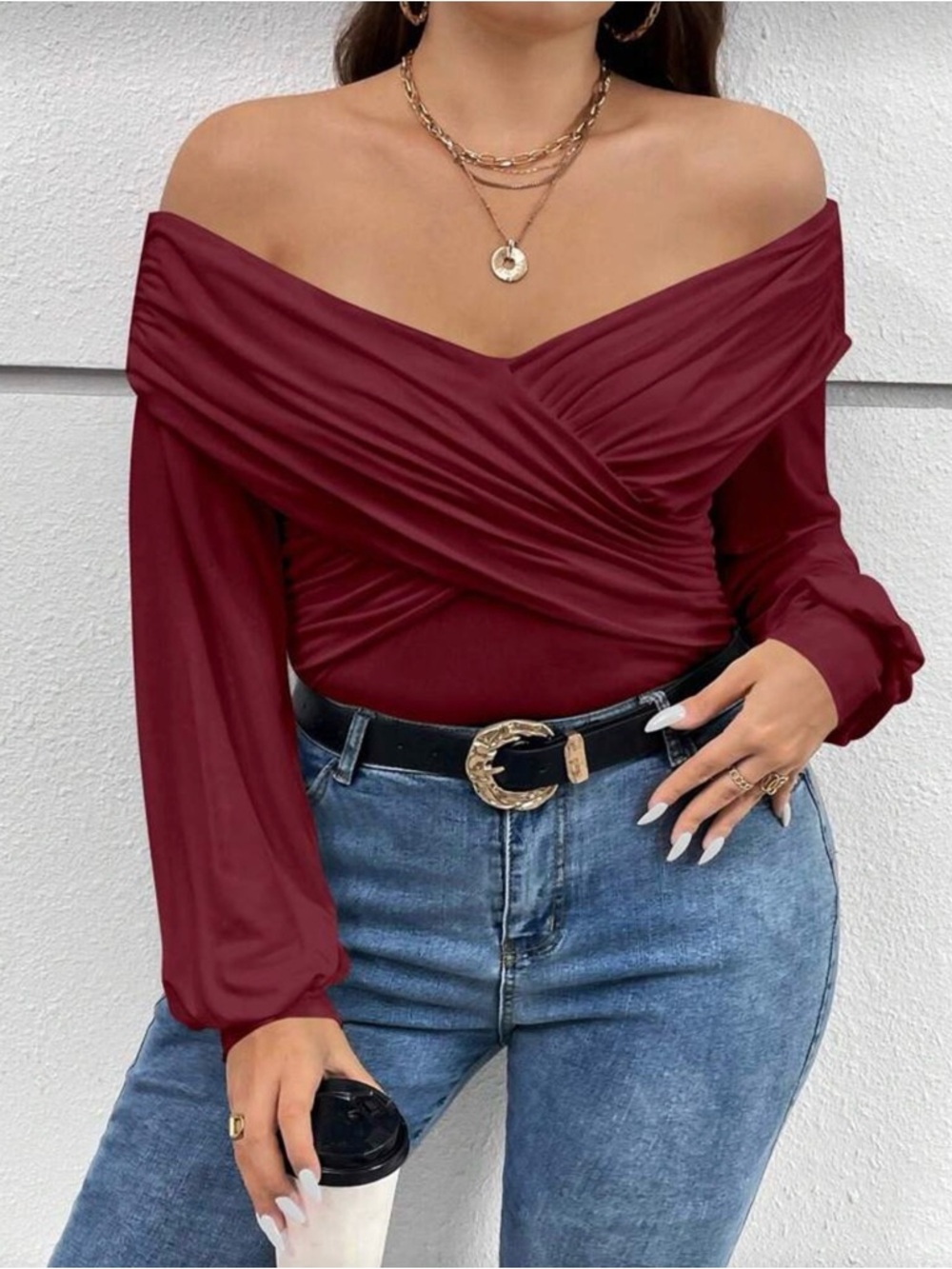 NWOT Off-Shoulder Ruched Wrap Top - Burgundy